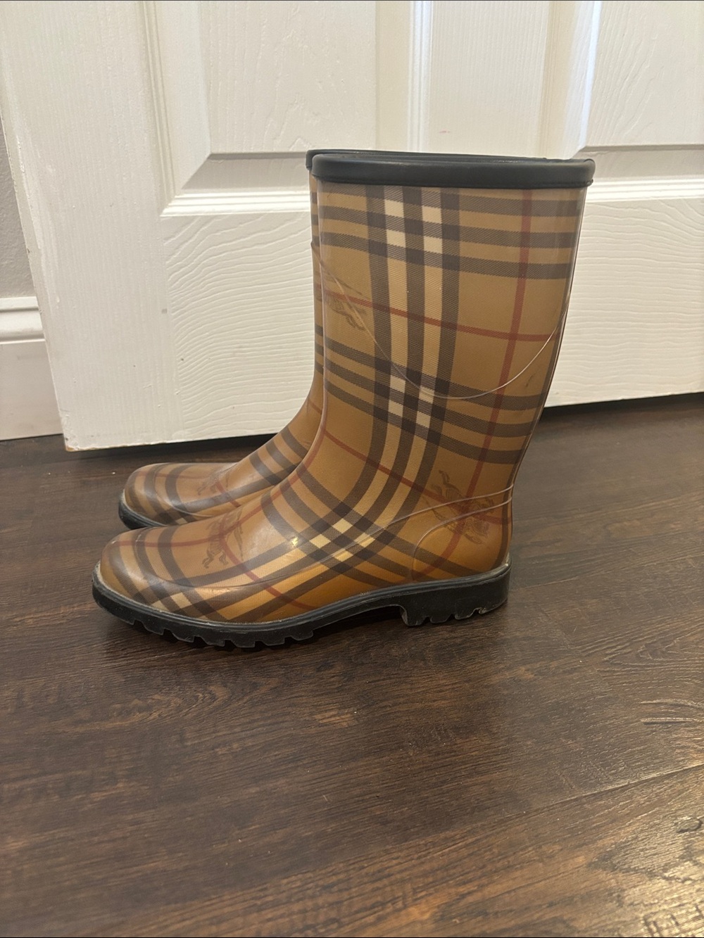 Burberry Tan and Black Plaid Rain Boots